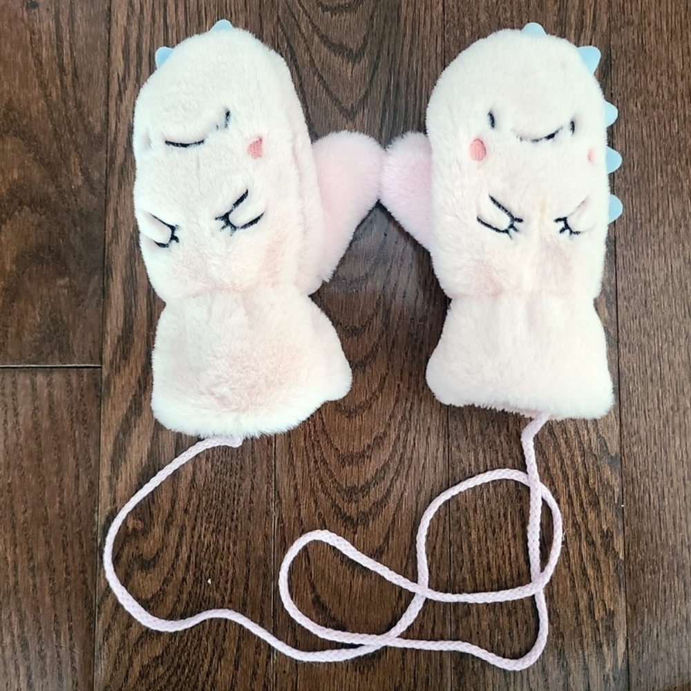 Baby Toddler Pink Fluffy Dinosaur Mittens Gloves